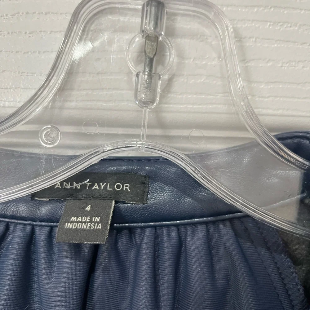 Ann Taylor Navy Faux-Leather Button-Front Midi Dress with Tie Waist - Picture 4 of 8